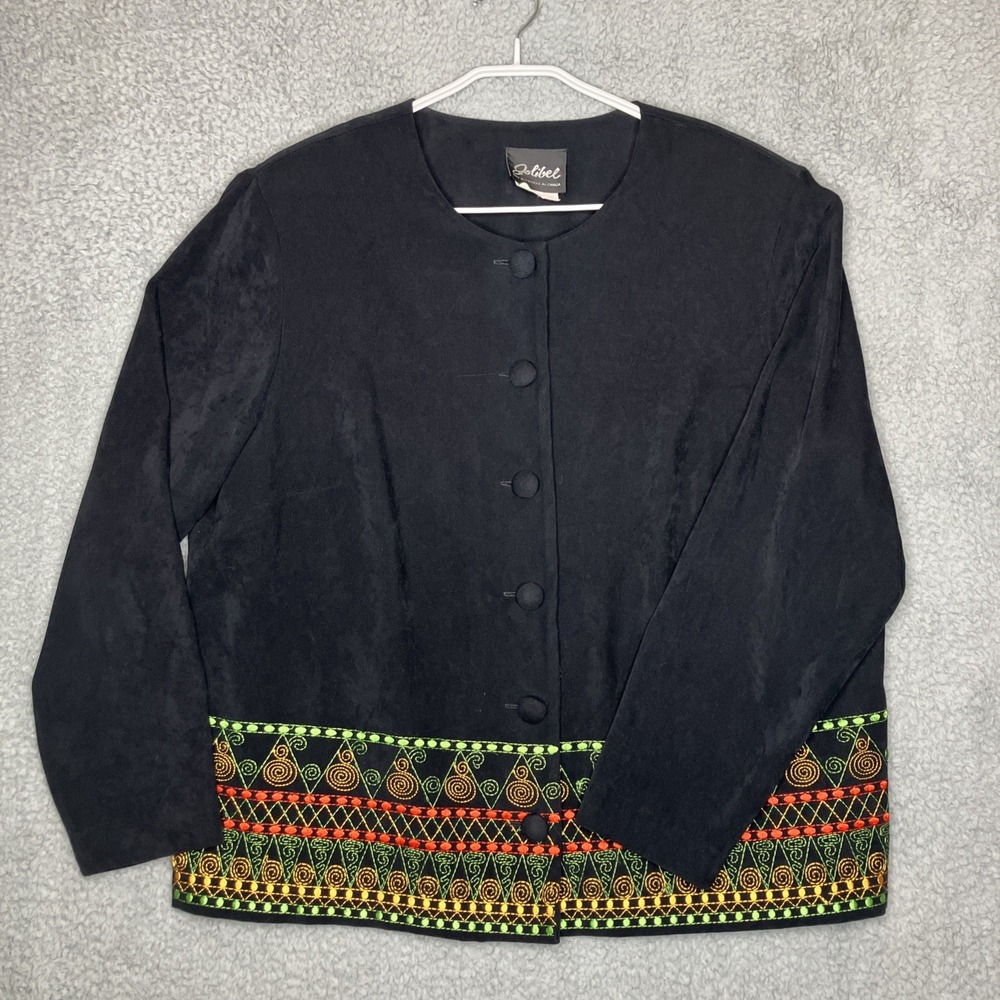Jolibel Jacket Women's 16 Black Embroidered Button Up‎ Vintage Boho Artsy